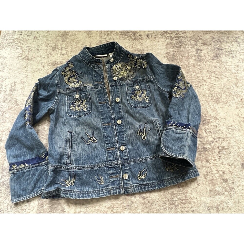 Vintage First Issue Jacket Women's Denim Dragon Embroidery Medium Y2K Rhinestone